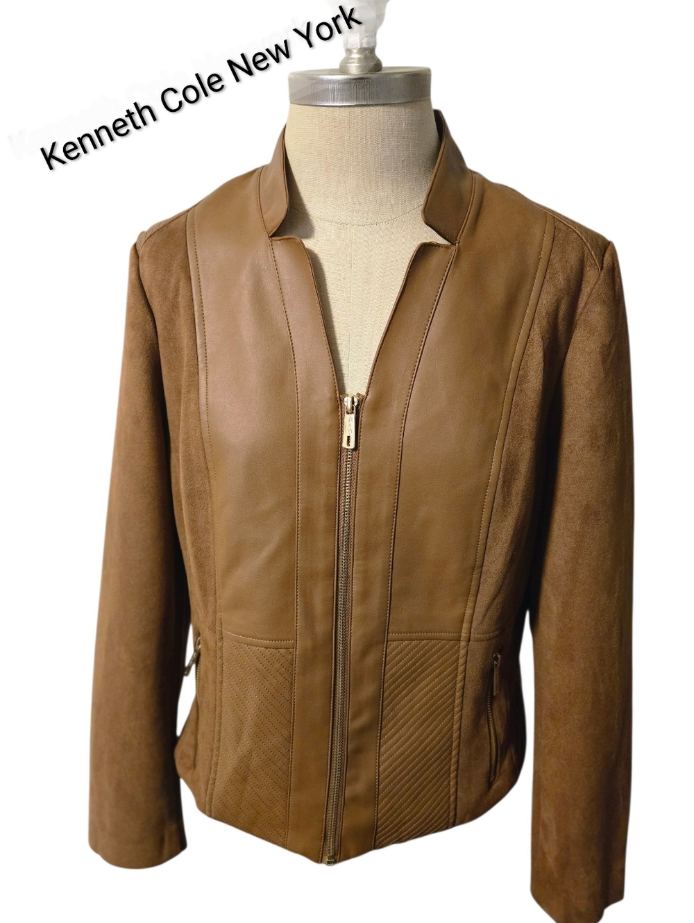 Nwot Kenneth Cole New York Caramel  Polyurethane  Jacket W/v-neck Zipper. PL
